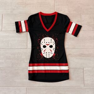Jason Voorhees Hockey Jersey Dress Friday the 13th Small Mask Logo V Neck